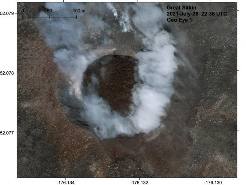 Great Sitkin crater with a new circular lava dome, imaged on July 26, 2021. Dome is about 130 m diameter.
