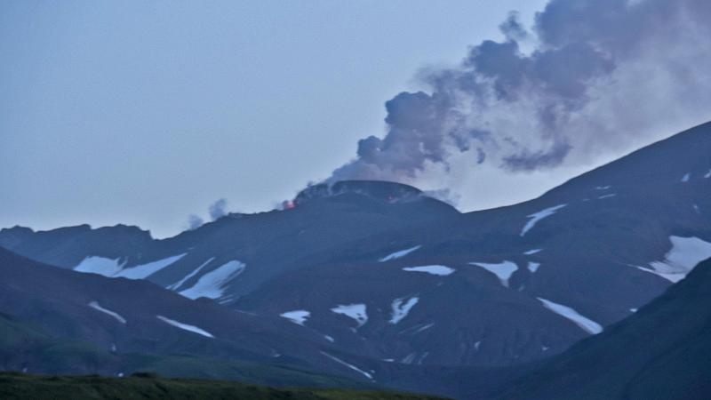 Active lava dome at Great Sitkin volcano, 06:52 AM HDT (7:52 AM AKDT), August 5, 2021. View is toward the north. Photo by Dave Ward.