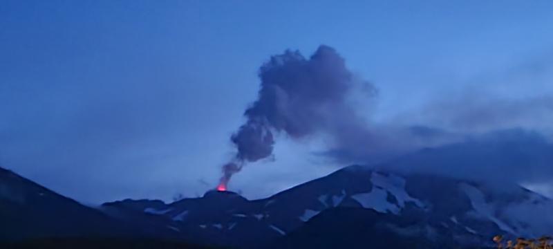 Great Sitkin steaming and incandescence above lava dome, captured by Peggy Kruse, August 5, 2021