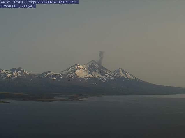 Ash seen in the Dolgoi webcam from Pavlof Volcano, August 14th, 2021.