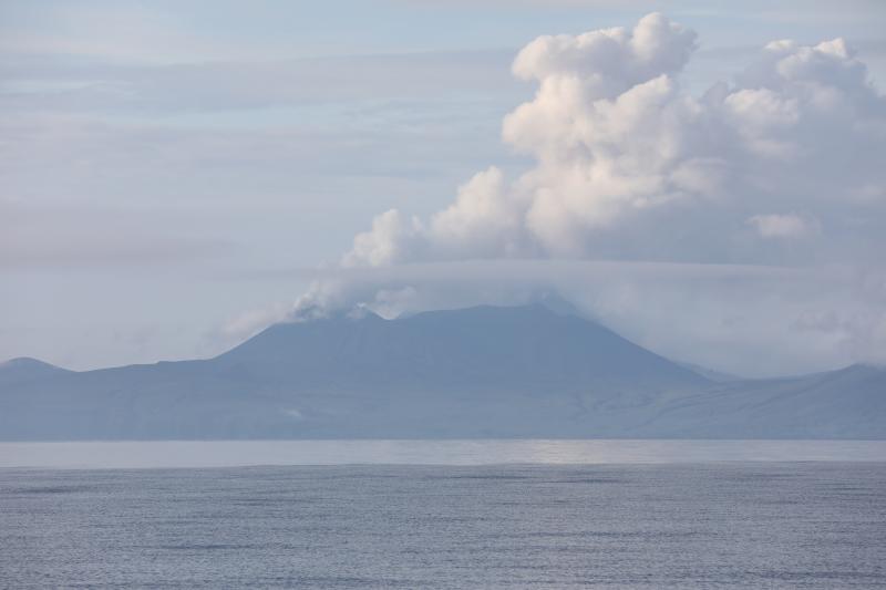 Eruption plume from Mount Cerberus, Semisopochnoi Island, August 3, 2021, as viewed from the R/V Tiglax. Photo courtesy of Aaron Christ, US Fish and Wildlife Service.