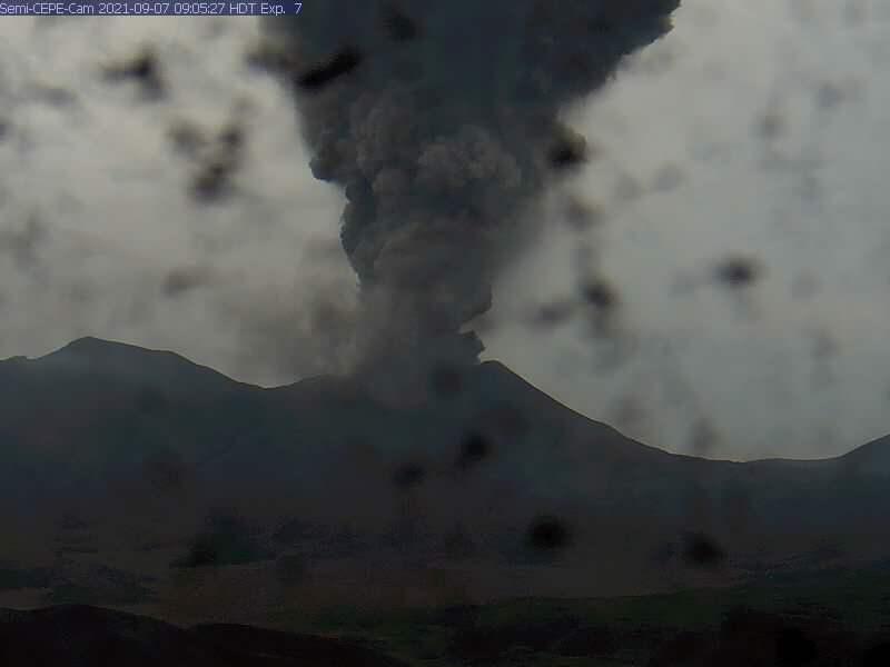 Image of eruption plume from Mount Cerberus, Semisopochnoi Island, Aleutian Islands, caught by the webcam at station CEPE, September 7, 2021, 9:05 am local time. 