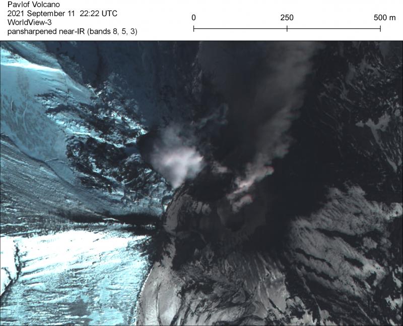 WorldView-3 pansharpened near-IR satellite image of Pavlof on September 11, 2021. Light emissions are visible on the right side of the image from a crater SE of the summit which has been the source of recent ash emissions. 