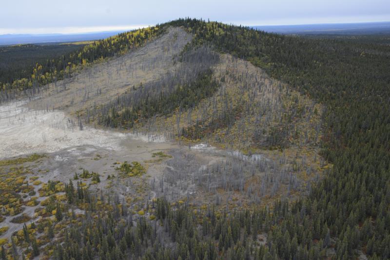 Oblique aerial view of Shrub mud volcano in the Copper River basin west of Mt. Drum, in the Wrangell Mountains near Glennallen, AK. The dead trees in the barren areas were killed in the late 1990s when the ongoing activity at Shrub began. 