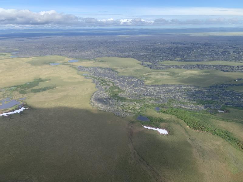 View of the Lost Jim lava flow, the youngest lava flow in the Imuruk Lake Volcanic Field. It is thought to have erupted roughly 1,000&ndash;2,000 years ago. 