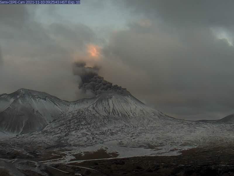Low-level ash emissions from Semisopochnoi&#039;s North Cerberus crater in the morning on November, 10, 2021 from the CEPE webcam. 