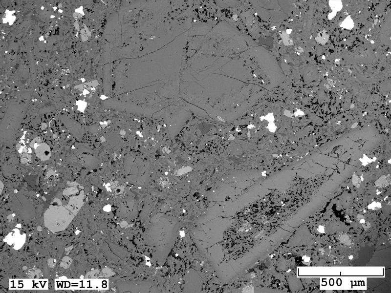BSE image of trachyandesite lava (18CW105-1) collected on Bogoslof Island from an area uplifted during the 2016-2017 eruption. 