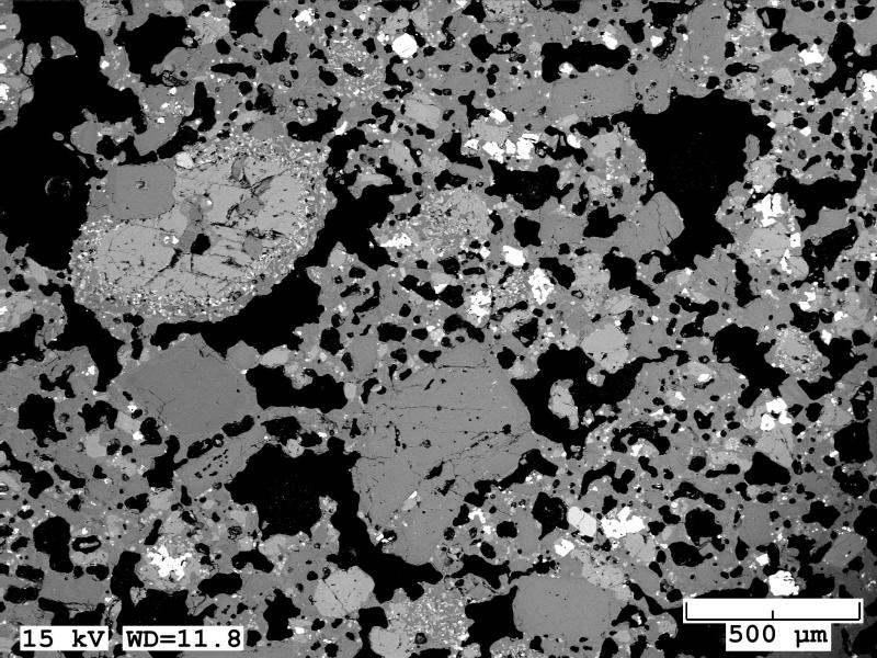 BSE image of basaltic scoria clast (18CW100-10A) erupted in 2017 from Bogoslof. An amphibole phenocryst with reaction rim is visible in the right side of image. Groundmass is vesicular and highly crystalline. 