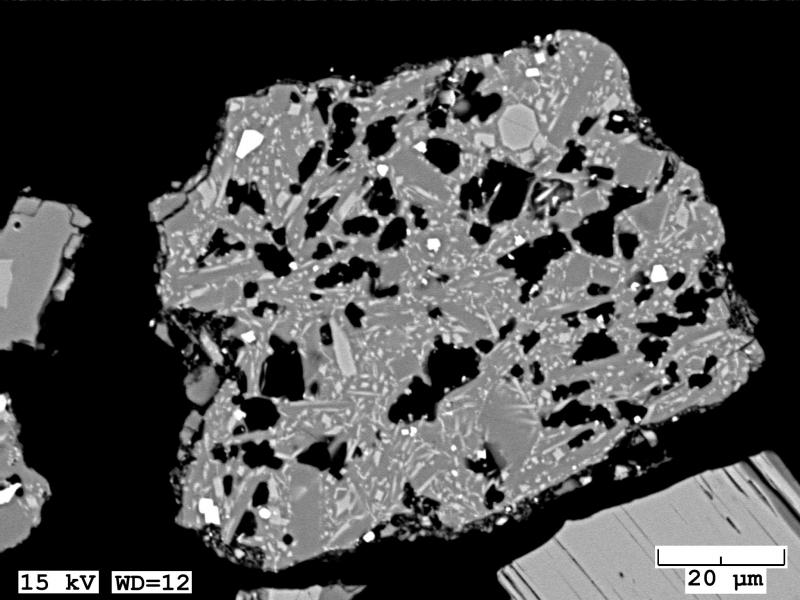 BSE image of moderately to highly microlitic mafic scoria with diktytaxitic vesicles collected from the March 8, 2017 eruption at Bogoslof. 
