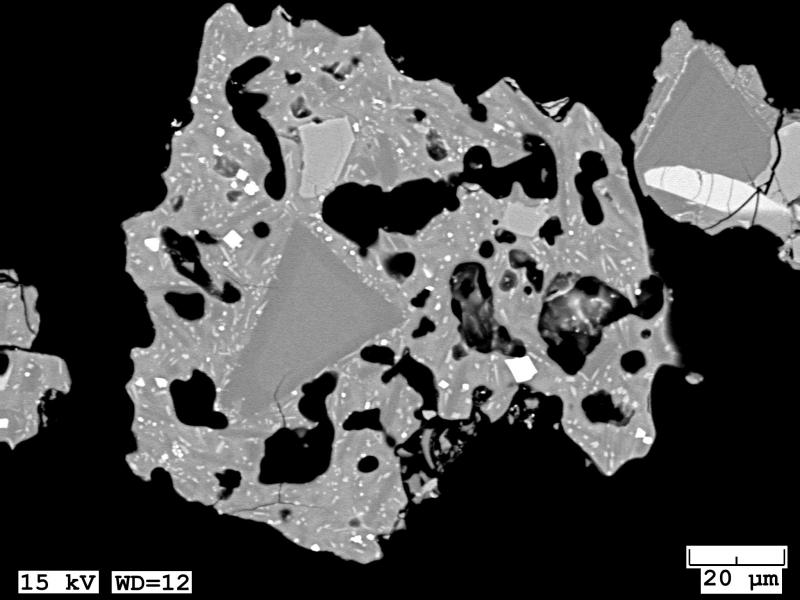 BSE image of moderately to highly microlitic mafic scoria with diktytaxitic vesicles collected from the May 17, 2017 eruption at Bogoslof. 