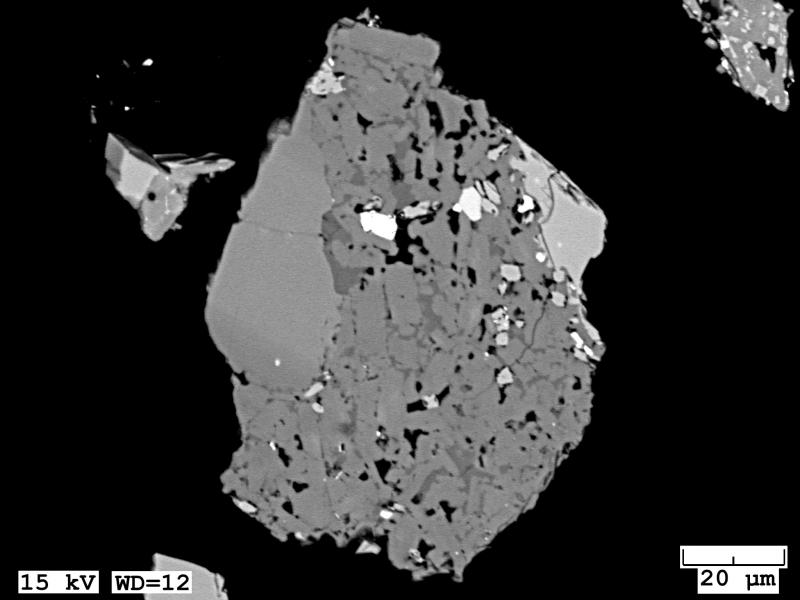 BSE image of a dense to porous crystalline tephra grains collected from the 2017 eruption at Bogoslof. 