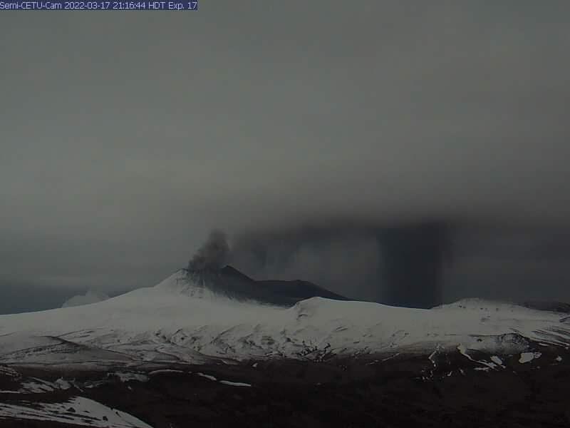 Eruption plume with textbook ash fallout as seen from the Semi_CETU webcam. 