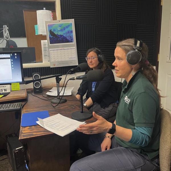 AVO Scientist-in-Charge Michelle Coombs (USGS) and AVO geologist Cheryl Cameron (ADGGS) interview with a Sitka radio station, May 2, 2022. Photo courtesy of Jacyn Schmidt, Sitka Sound Science Center.