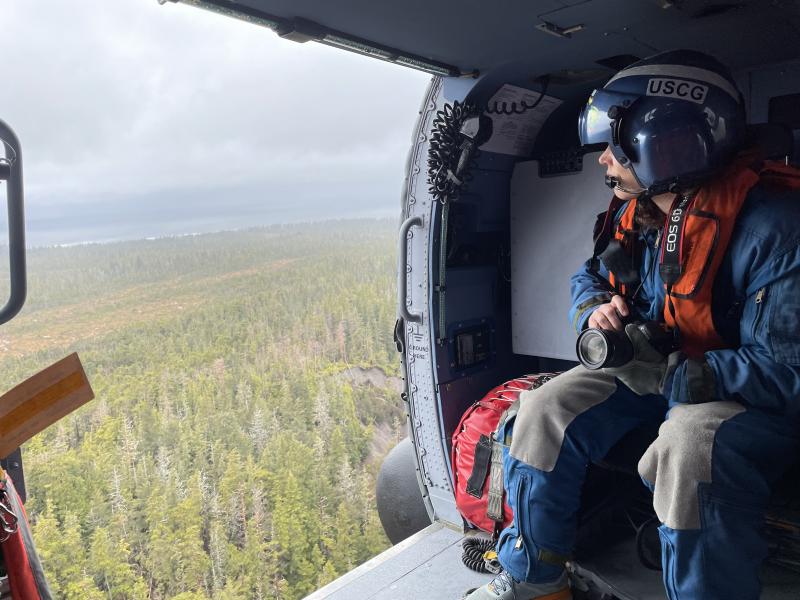 AVO Scientist-in-Charge Michelle Coombs (USGS) on USCG overflight of Mt. Edgecumbe, May 3, 2022.