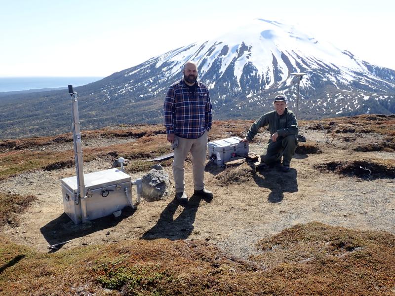 Max Enders (AVO/USGS) and Max Kaufman (AVO/UAFGI) on May 20, 2022 at the completed site EDCR on Crater Ridge.  &quot;It&#039;s a temporary seismic/GPS station, and we hardened it the best we could. It&#039;s bear resistant, not bear-proof.&quot;