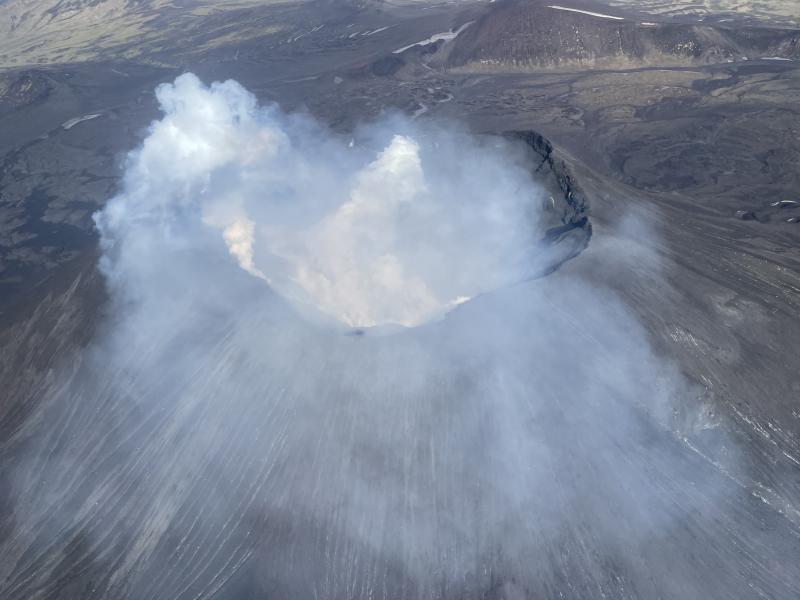 Substantial degassing occurring from the North Cerberus vent of Semisopochnoi Volcano in between ashy eruptive activity. Photo taken during the 2021 Steadfast campaign
