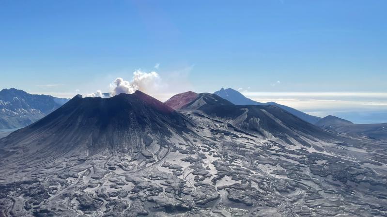 Degassing occurring from the North Cerberus vent of Semisopochnoi Volcano in between ashy eruptive activity. View is from the west. Photo taken during the 2021 Steadfast campaign