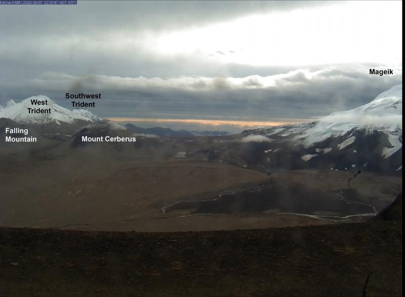 Annotated clear day webcam image from AVO site KABU looking southeast at Mageik and Trident volcanoes. 