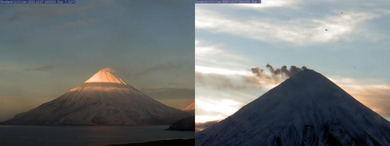 Webcam images of Mount Cleveland from AVO stations CLCO (left) and CLCL (right). Both images were taken within about 15 minutes and show low level gas and steam emissions from the summit crater. The CLCL webcam was installed during summer 2022 fieldwork.