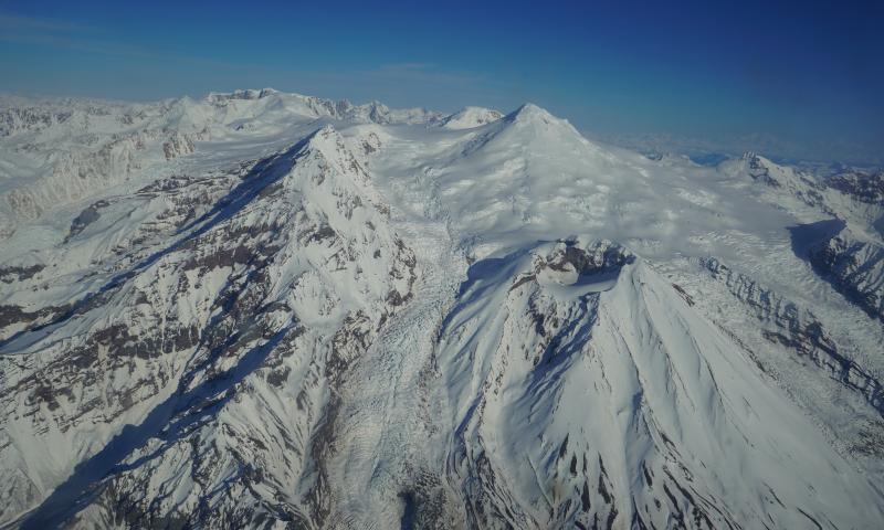Aerial view of Spurr as seen from the south with Crater Peak in image center left.