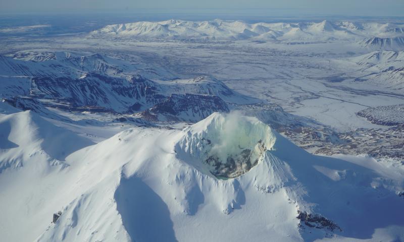 Aerial view of Martin's summit crater lake and fumarole field.