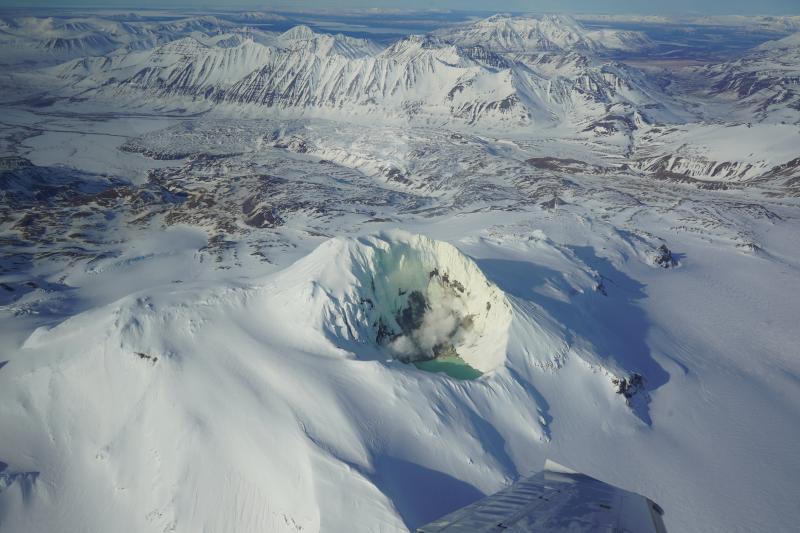 Aerial view of Martin's crater lake and fumarole field.