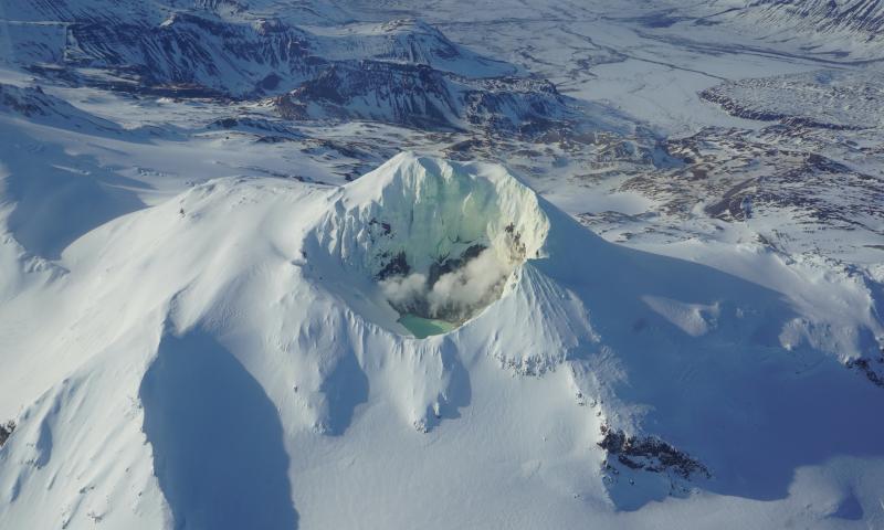 Aerial view from the southeast of Martin's summit crater lake and fumarole field.