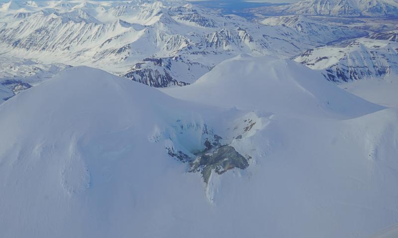 Aerial view of Mageik's summit crater lake and fumarolic degassing regions.