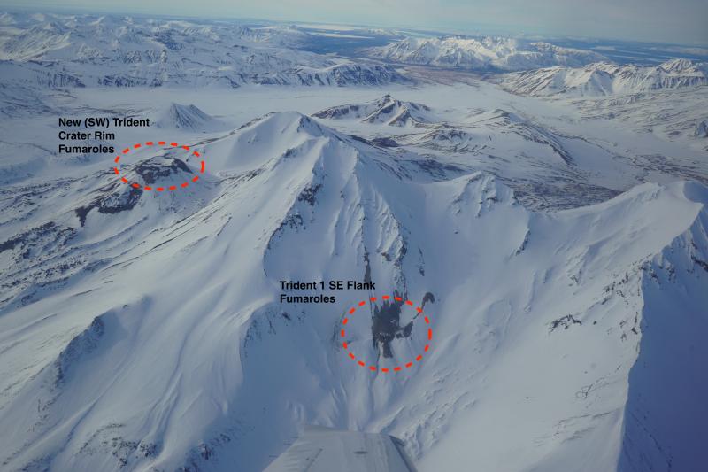 Aerial view of Trident volcano with persistent degassing features on the crater rim of Southwest (New) Trident and the southeast flank of Trident I circled in red.