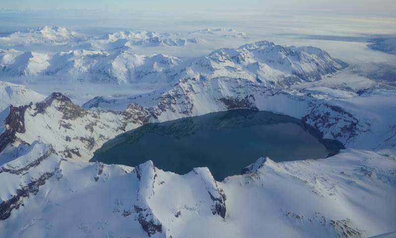 Aerial view of a snow-free Katmai caldera lake.