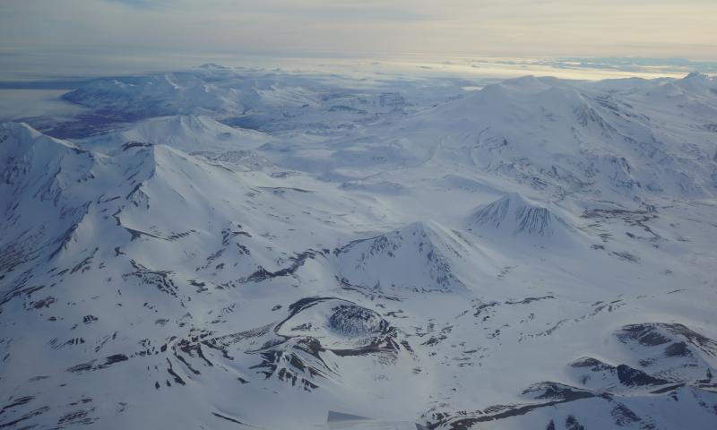 Aerial view of Trident (center left), Novarupta (center bottom), Mageik (upper right) and Trident (upper far right) volcanoes.