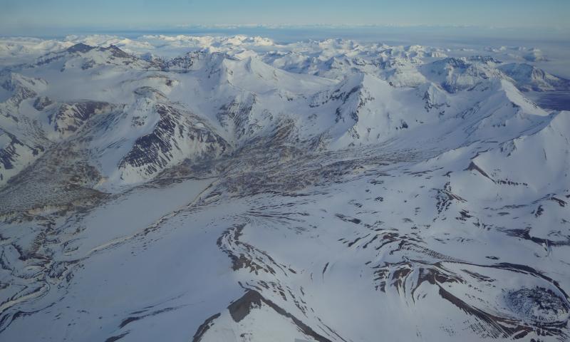 Aerial view of Katmai caldera (top left - sliver of lake visible), Trident (top right) and Novarupta (bottom right).
