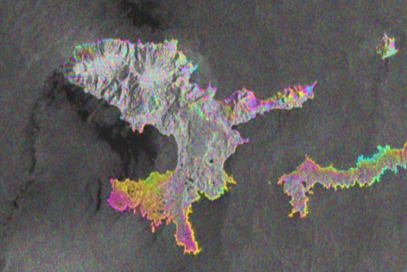 Sentinel-1 satellite radar interferogram spanning March 8&ndash;20, 2023, Tanaga Island. The color bands, or fringes, near the northwestern coast of the island show surface deformation suggestive of magma intrusion below Sajaka volcano and consistent with earthquake activity. Figure by Ronni Grapenthin, UAFGI/AVO.