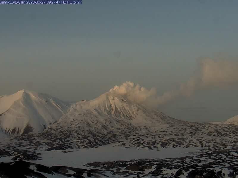 Typical steam emissions from the north crater of Mount Young on Semisopochnoi volcano on the morning of March 27, 2023, from the CEPE webcam.