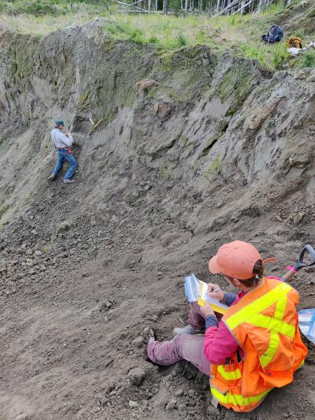 Alaska Volcano Observatory's Kristi Wallace and California Volcano Observatory's Seth Burgess sample probable Sheep Creek Tephra in a gravel pit off Murphy Dome Road outside Fairbanks.