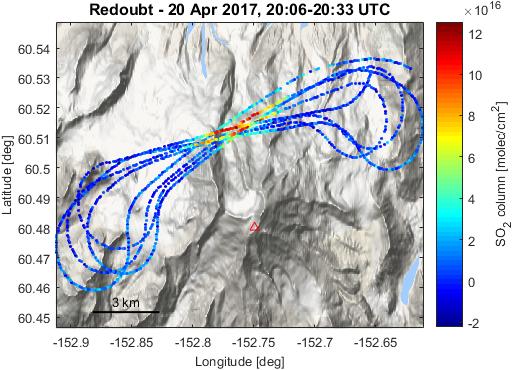 Map showing the location and abundance of SO2 gas released from Redoubt Volcano as measured during the 2017 Cook Inlet Gas Flight.
