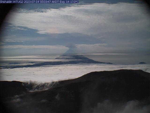 Low-level ash plume from Shishaldin captured in an AVO webcam located NW of Shishaldin at 10:33 am. 