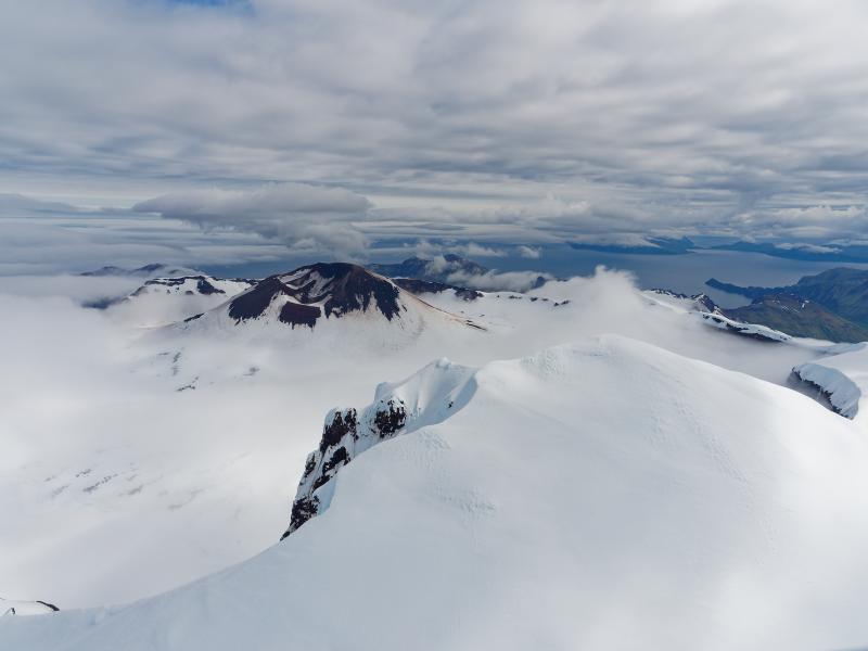 Akutan volcano&#039;s summit cone, June 29, 2023. Photo by Malcolm Herstand, USGS/AVO.