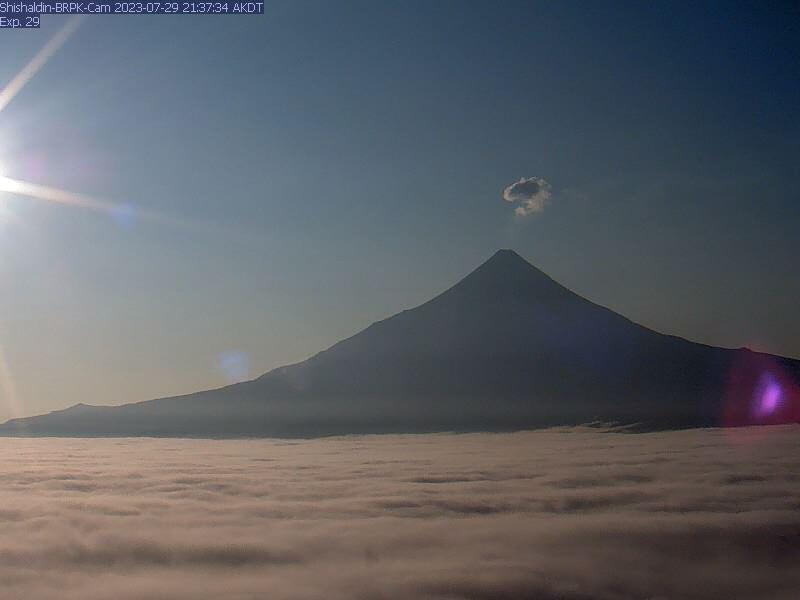 Shishaldin as viewed from webcam at station BRPK on the evening of July 29, 2023.
