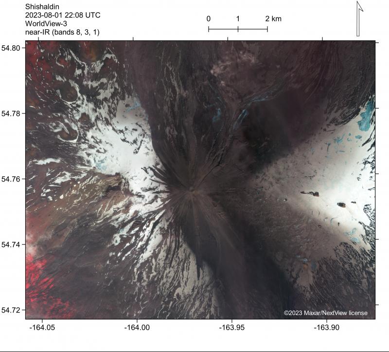 Near-infrared false-color satellite image of Shishaldin Volcano on August 1, 2023, documenting deposits from eruption activity in mid- to late-July. Cooling deposits are visible near the summit and within summit crater, but no active lava is visible.