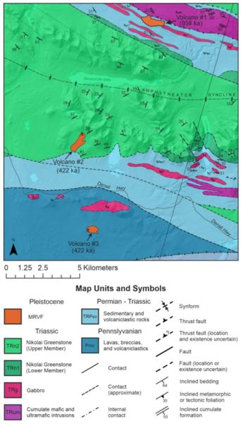 Bearden (2023) Figure 1.2: Geologic map of the Maclaren River volcanic field (MRVF), modified from Twelker et al. (2020), with new mapped extents of the Maclaren River volcanic field (MRVF) volcanics and vent locations for volcano #2 and #3 (denoted with an X).