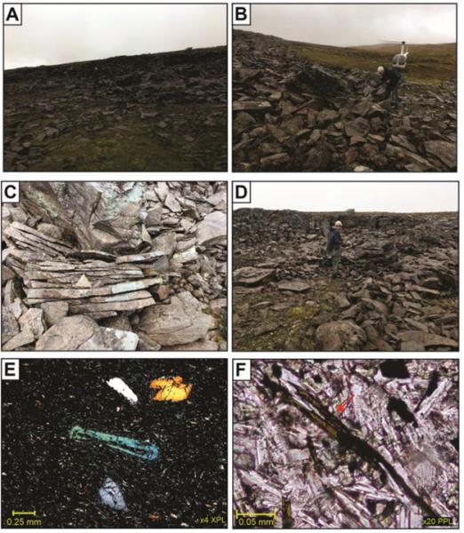 Bearden, 2023 Figure 3.1: &quot;Field photos of volcano #1 [of the Maclaren River volcanic field] and photomicrographs. (A-D) Photos of blocky volcano #1 lavas. (E) Photomicrograph of an olivine phenocryst with a swallowtail morphology. (F) Photomicrograph of a groundmass biotite microlite (denoted by the red arrow). Field photos courtesy of Dr. Jeff Benowitz.&quot;