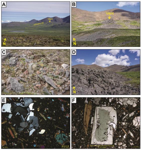From Bearden, 2023 Figure 3.2: &quot;Field images of volcano #2 [of the Maclaren River volcanic field] and photomicrographs. (A) view of volcano #2 and its erupted extent from south of the Denali Highway. The yellow dashed lines highlight the approximate erupted extent (B) and (C) volcano #2&rsquo;s vent location and vent-proximal pyroclastic facies consisting of reddish-brown blocks and bombs scattered among volcano #2&rsquo;s platy lava. (D) Blocky lava from volcano #2. (E) Photomicrograph of a granitic xenolith in sample DEN20- 13 with phlogopite and olivine phenocrysts nearby. (F) Photomicrograph of a clinopyroxene phenocryst with aegirine core.&quot;