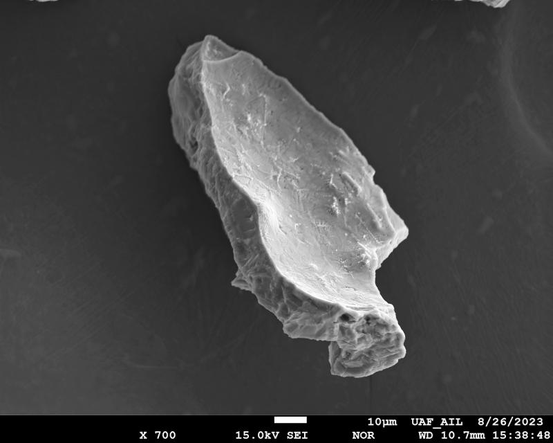 SEM image of ash particle produced by Shishaldin Volcano in 2023. 