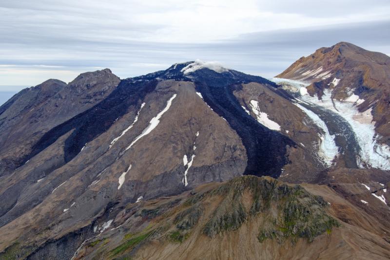Great Sitkin Volcano on September 3, 2023, during helicopter approach for sampling efforts by AVO geologists. Image is looking northeast.