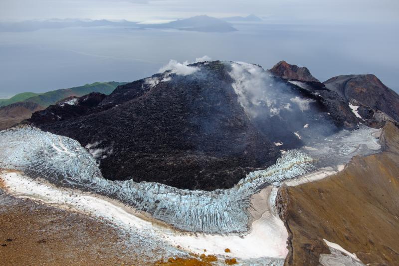 Great Sitkin Volcano on September 3, 2023, during helicopter approach ...