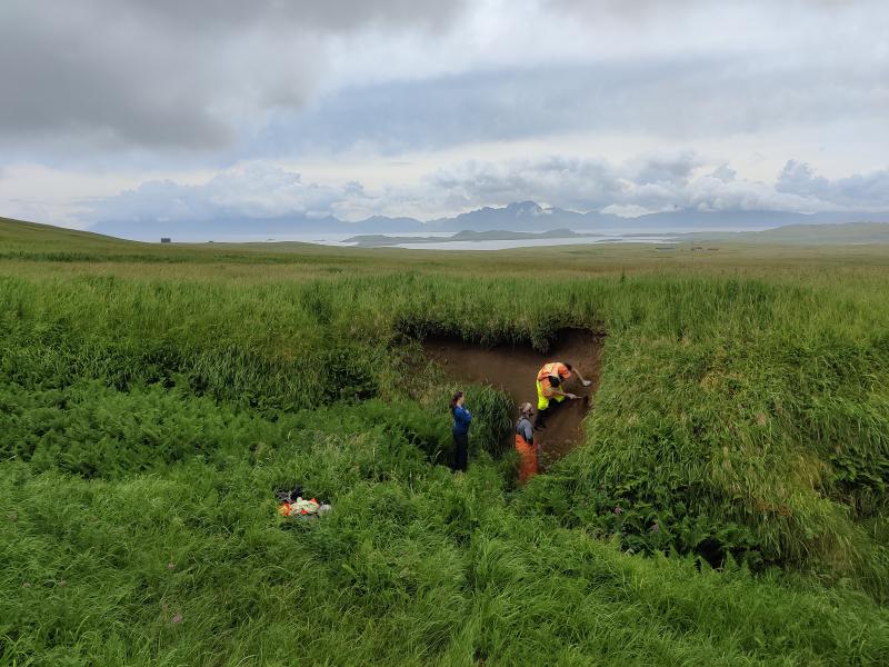 AVO personnel log layers of tephra and soil outcropping on Adak Island in the central Aleutians during fieldwork in 2023.