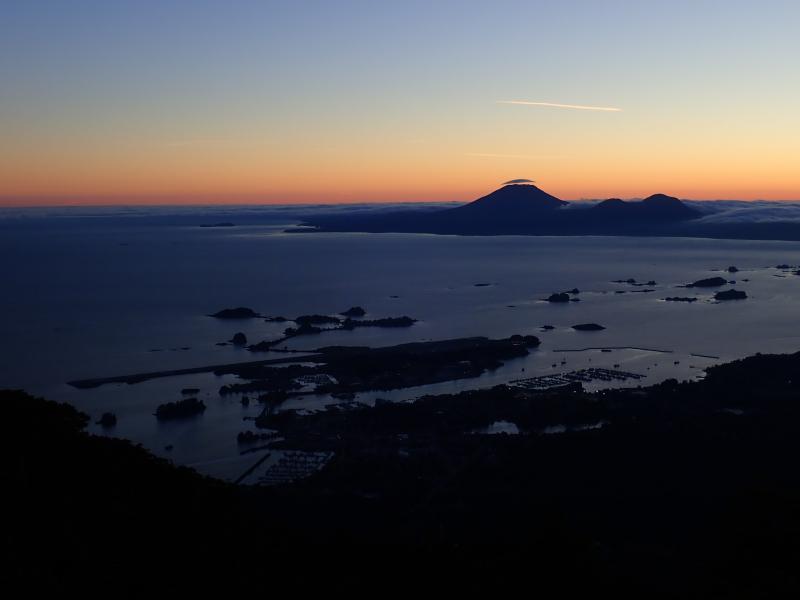 Sitka and Mt Edgecumbe at sunset from Mt Verstovia trail viewpoint.
