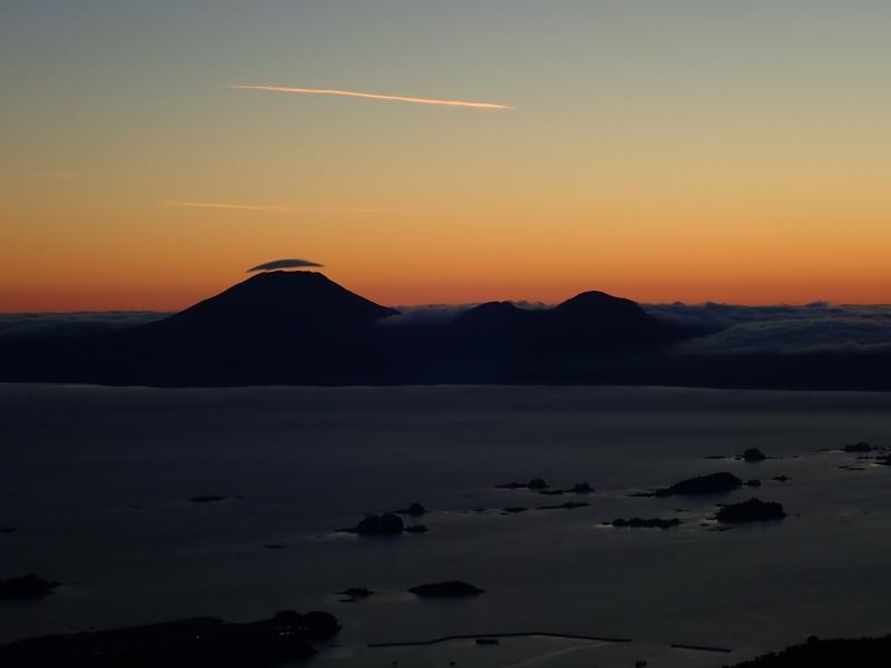 Sitka Sound and Mt Edgecumbe at sunset from Mt Verstovia trail viewpoint.