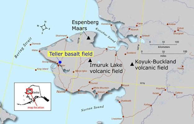 Index map showing the location of the Teller basalt field on the Seward Peninsula. The Teller basalt field is an older feature (3.5 million years) and as such is not part of AVO&#039;s listing of Quaternary volcanoes in Alaska.